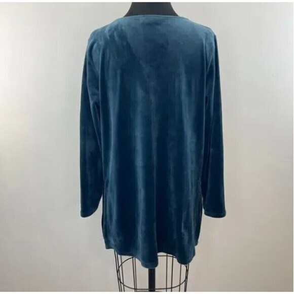 J Jill Pure Jill Velour Tunic Top Size M Teal Long Sleeve Draped Slit V-Neck - Picture 6 of 9
